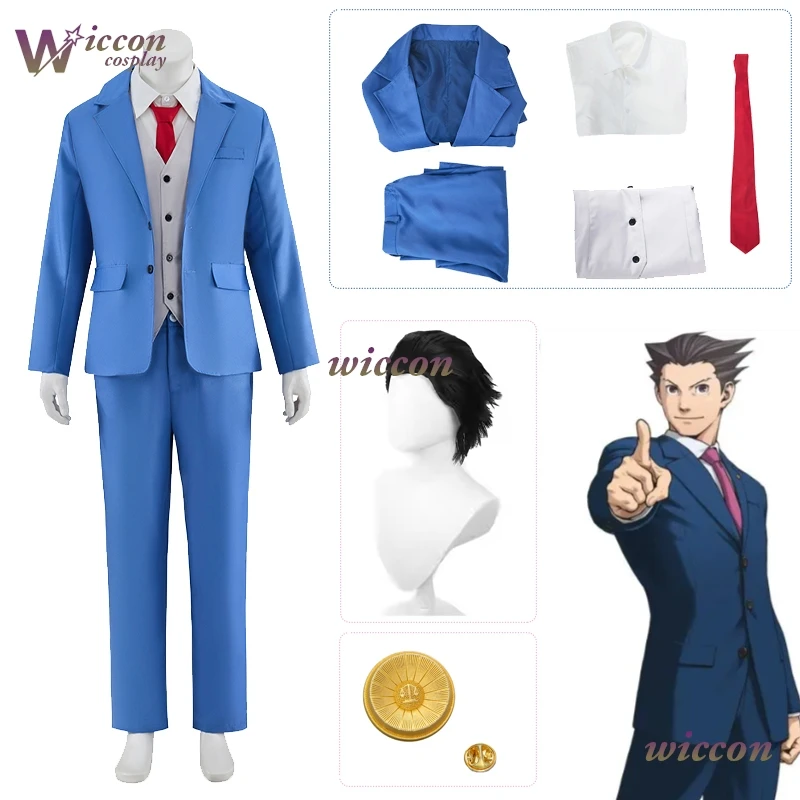Ace avocat Cosplay Halloween Phoenix Wright bleu Costume Costume Gyakuten Saiban hommes Roleplay vêtements broche défense avocat