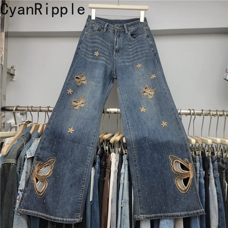 American Vintage Hollow Out Butterfly Hot Diamonds Wide Leg Jeans Women New Spring Summer High Waist Wide Leg Denim Pants 2026