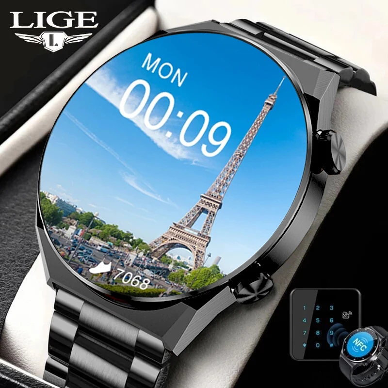 

LIGE AMOLED 454*454 Screen New Men Smart Watch Sports NFC Access Control Smartwatch Bluetooth Call Clock Waterproof For Men 2023