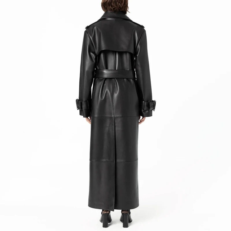 Classic Black Sheepskin Leather Trench Coat for Women Double-Breasted Long Length Loose Fit