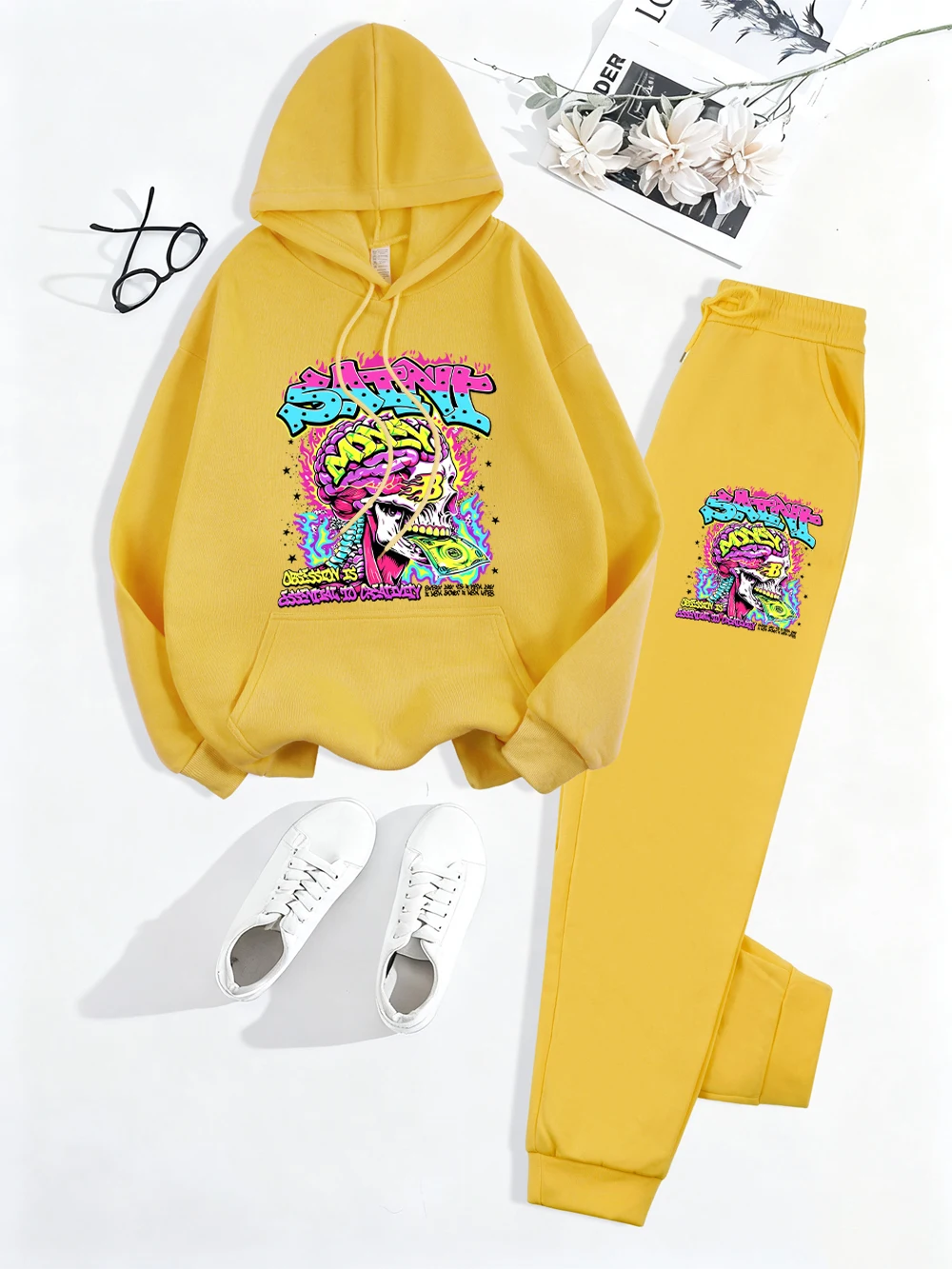 2 Piece Hoodies Set Womens Saint Money Skull Printed Sweatpantswinter Pocket Loose Pants Sweatshirt Sporty Fleece Warm Clothes