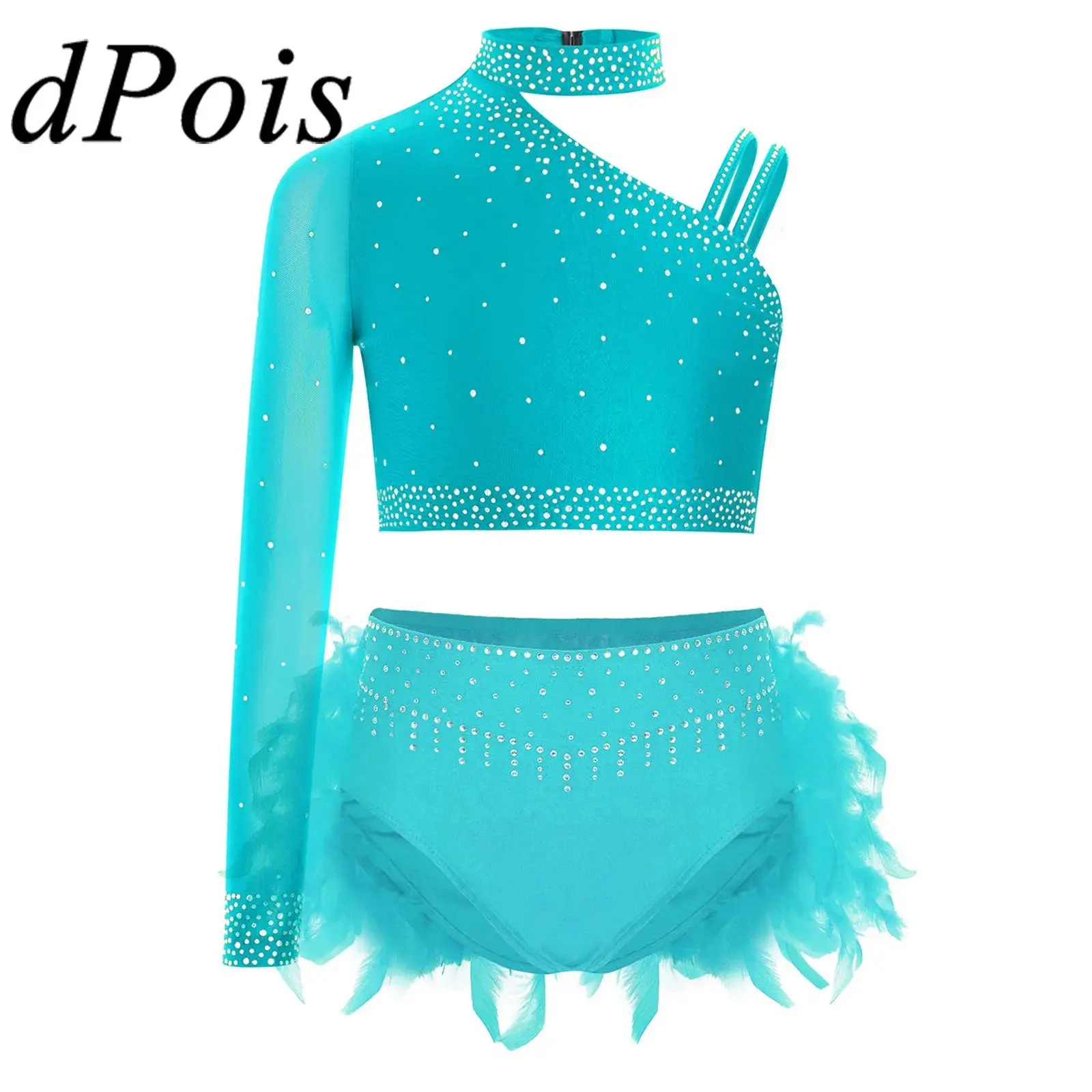 

Kids Girls Modern Dancewear Shiny Dance Crop Top And Feather Briefs Skirt Sparkly 2 Piece Teens Jazz Ballet Gym Dance Outfit