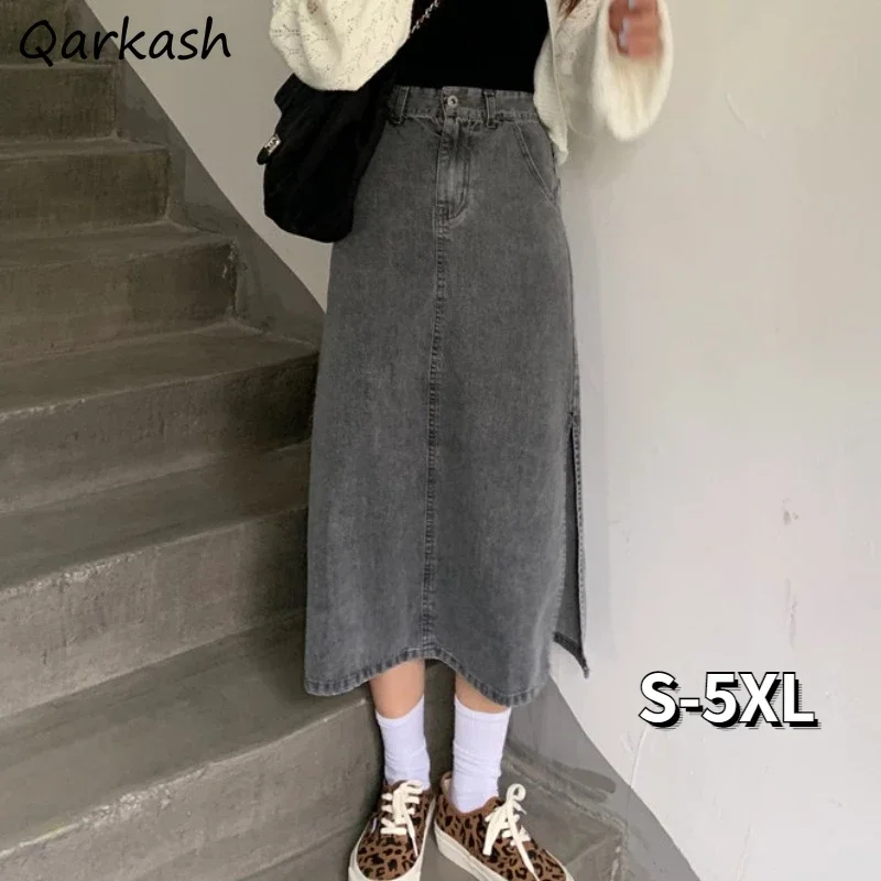 

Skirts Women Spring Denim Pockets S-3XL All-match Solid Simple Mid-calf Vintage Harajuku Tender Popular Design Korean Style BF