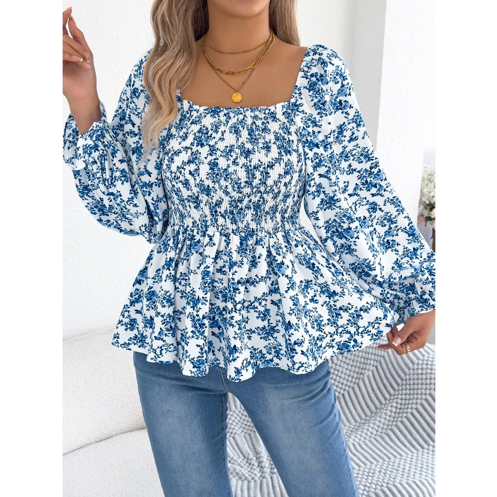 좋은 여성 봄 여름 쉬폰 블라우스와 셔츠 긴 소매 Sequre 칼라 꽃 프린트 셔츠 탑 Blusas