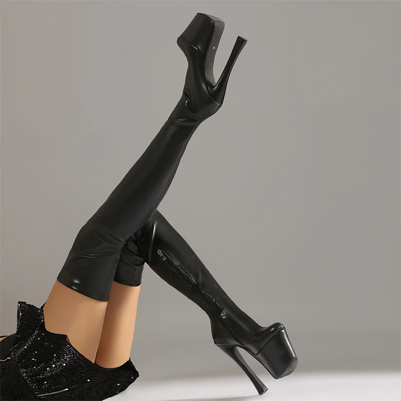 Wide Leg Customize Women Autumn Thigh Boots Patent Stiletto Heel Round Toe Pretty Night Club Shoes Over The Knee Boots