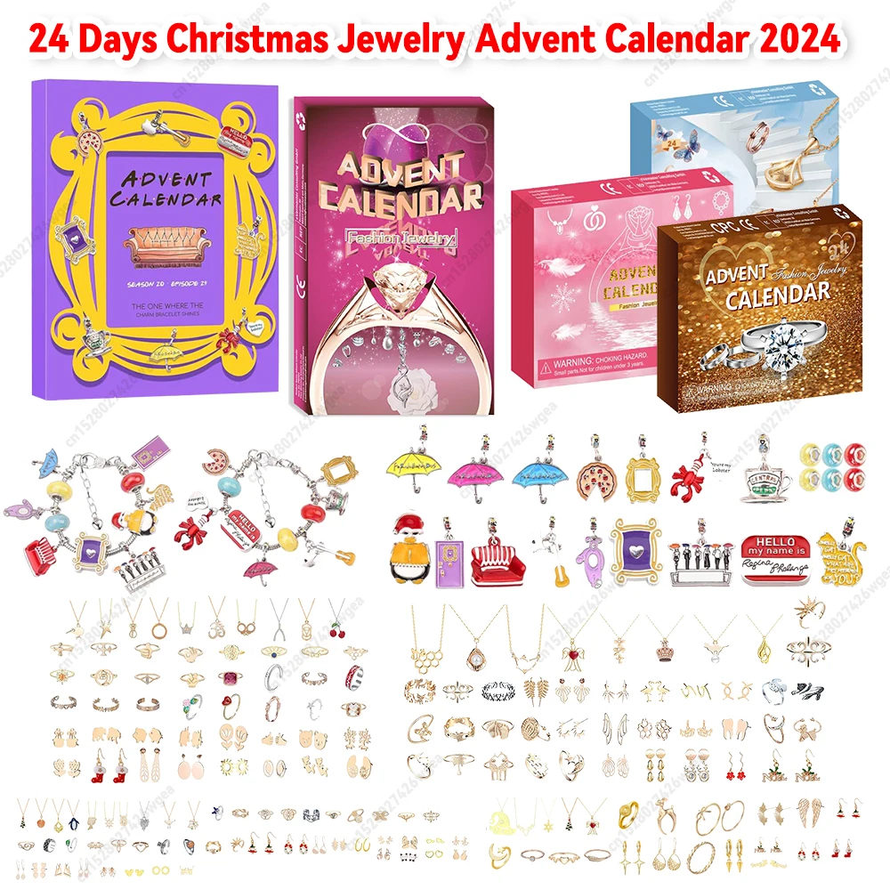 Schmuck Adventskalender 2024, Weihnachts-Adventskalender mit Ohrringen, Halsketten und Ringen, Weihnachts-Countdown-Kalender für erwachsene Frauen