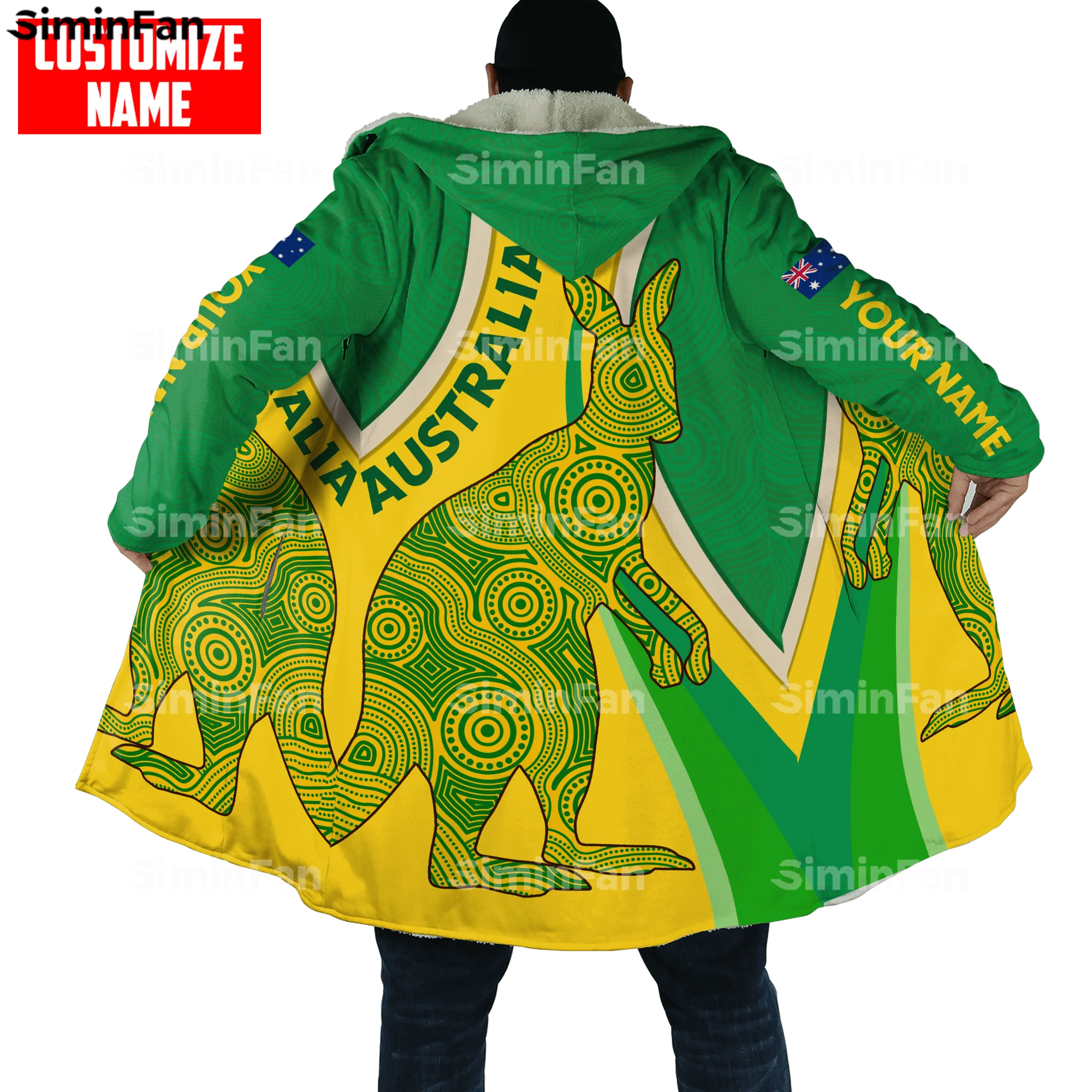 

Aboriginal Australia Kangaroo 3D Printed Thick Warm Hooded Cloak Men Windproof Fleece Cape Robe Overcoat Winter Windbreaker A2