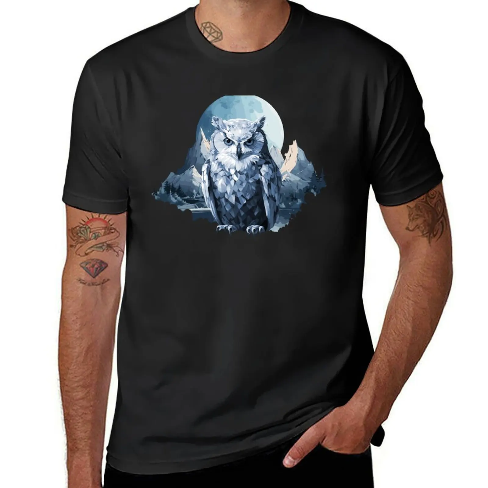 Snowy owl in polygon style T-shirt plain quick drying sports fans men clothes