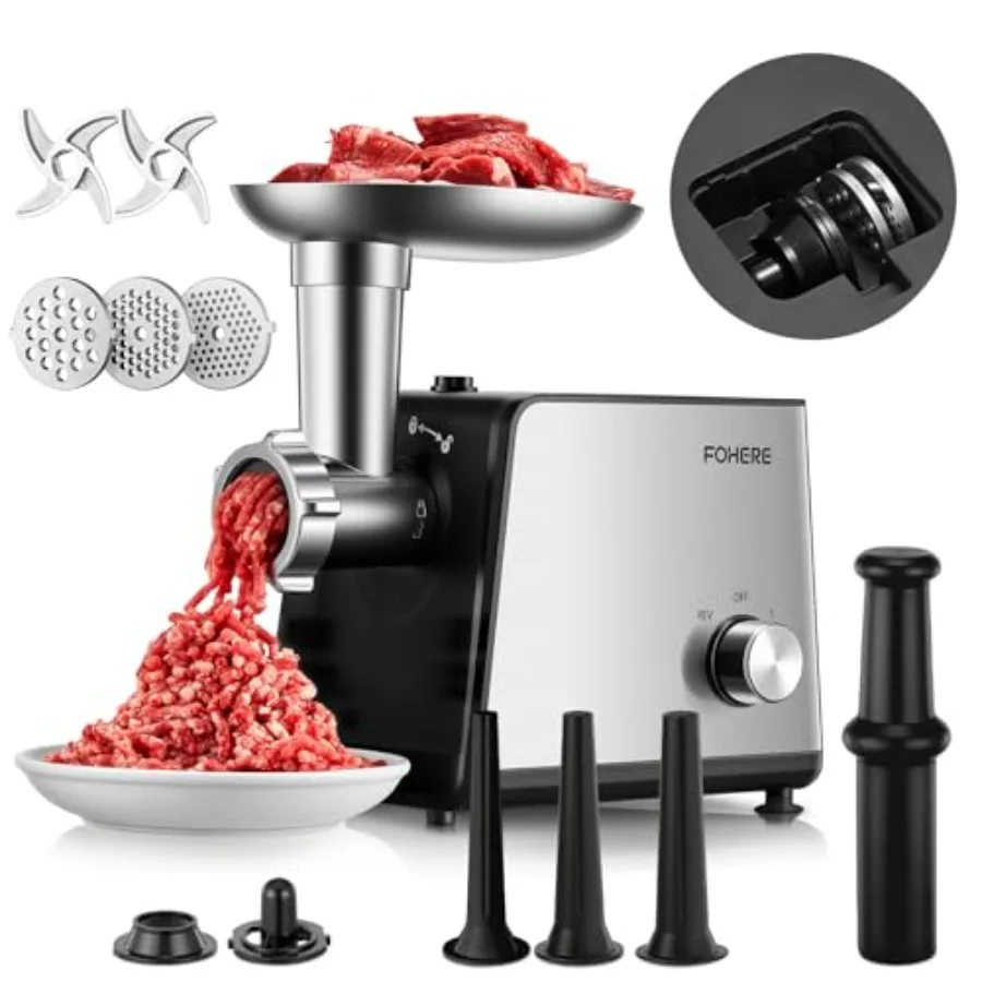 

Электрическая мясорубка 3200 Вт, сверхмощная, из нержавеющей стали, с 2 лезвиями, 3 дисками для измельчения и 3 насадками для приготовления колбас