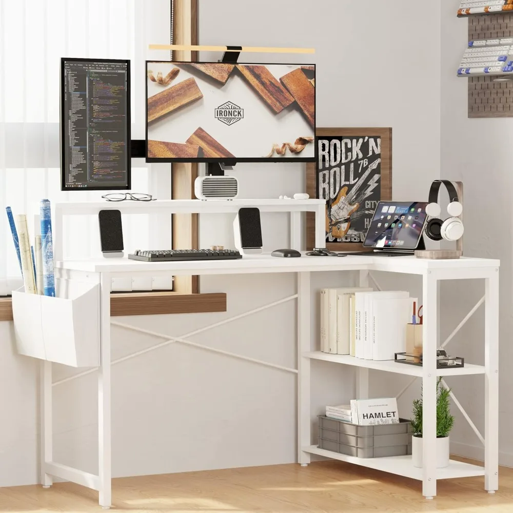 

Shaped Desk with Charging Station and Storage Shelves, 47 inch Corner Computer Desk with Monitor Stand, Writing Study Table