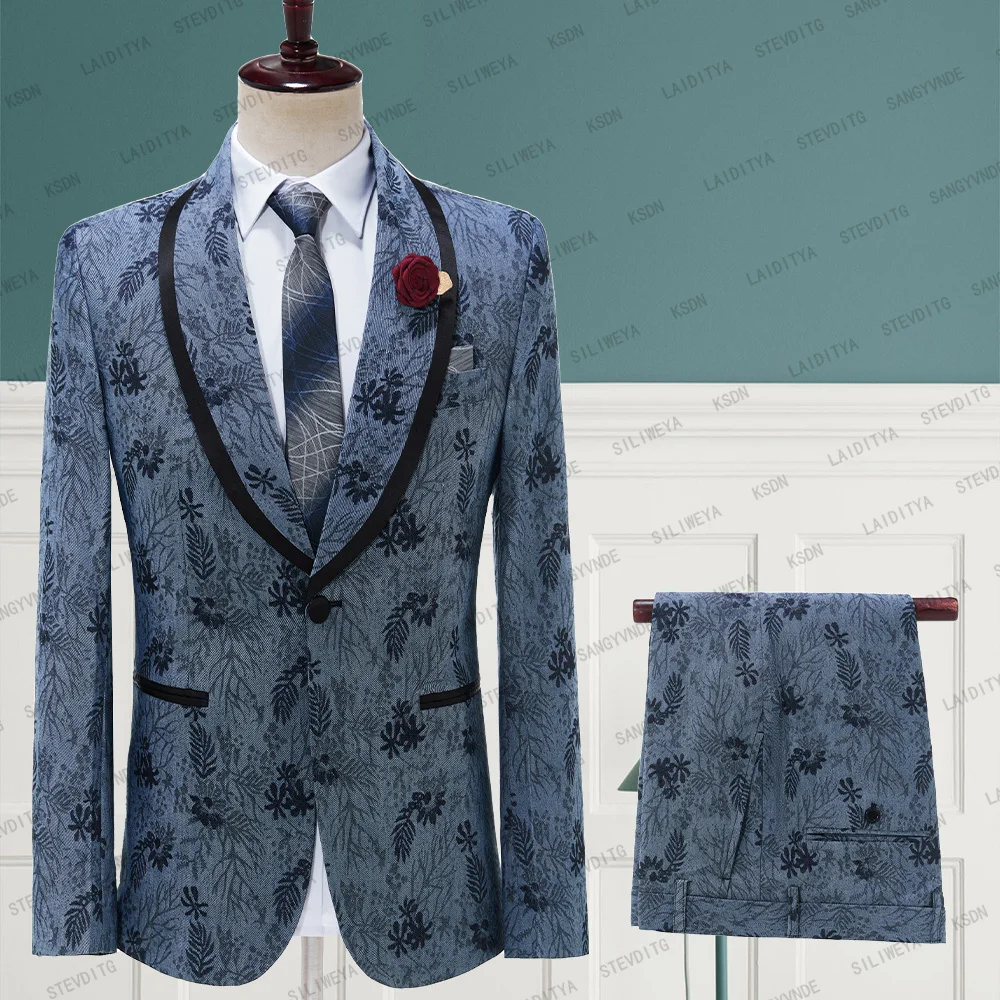 

2023 New Fashion Denim Jacquard Satin Trimmed Tailor-Made Slim Fit Tuxedo 2 Pcs Set Formal Causal Business Wedding Jacket Pants