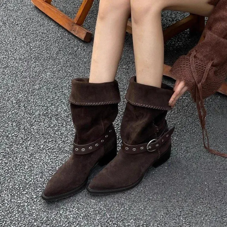 

Vintage Suede Western Boots Women 2025 New Summer Pointed Toe Belt Buckle Non-Slip Block Heel Travel Boots