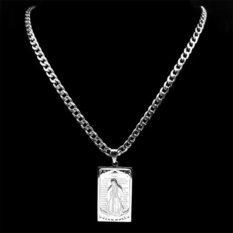 Virgin Mary Spanish Lord's Bible Verse Medal Necklace for Men Women Stainless Steel Silver Color Necklaces Jewelry N7438S05