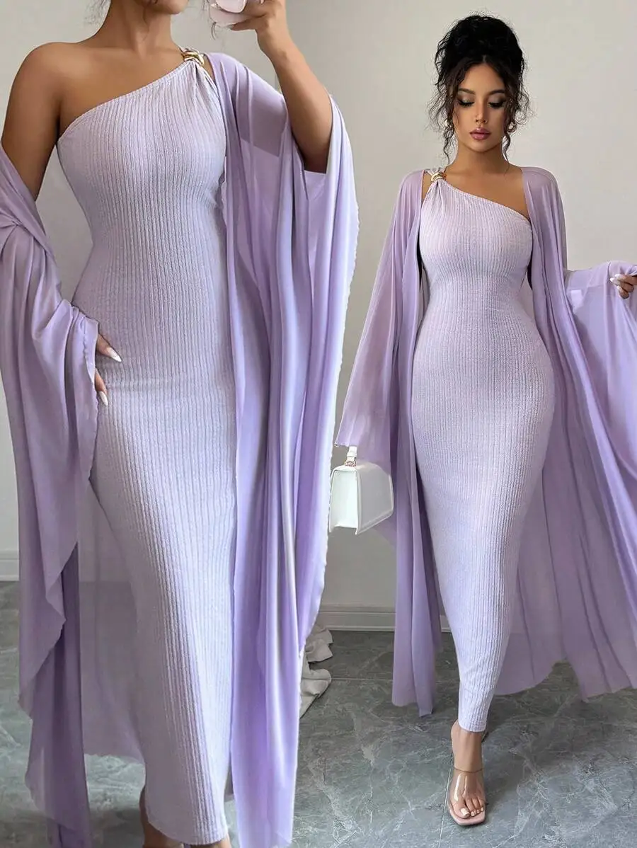 

Lavender Ribbed Knit One-Shoulder Dress with Sheer Shawl Wrap