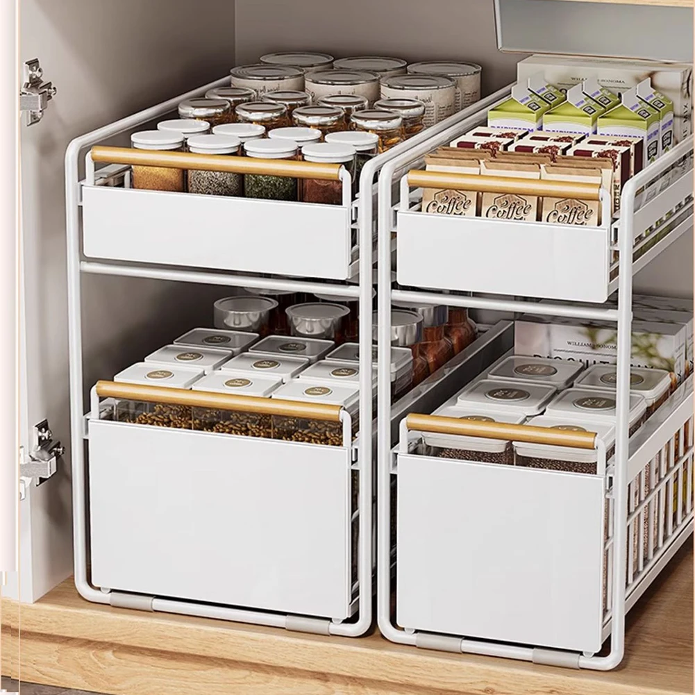 

2-Tier Slide Storage Drawer with Hooks Multifunction Storage Holder Under Sink Basket Drawer for Bathroom Bedroom Skin Care