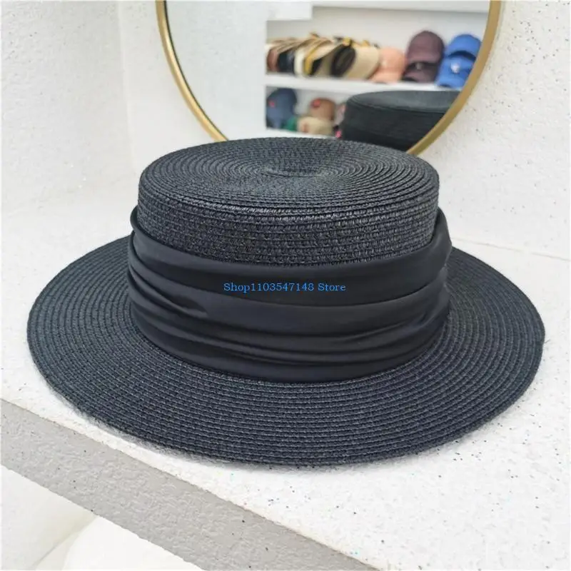 

P88B Women Straw Hat Flat Top Beach Summer Hat Fashionable Vacation Accessory