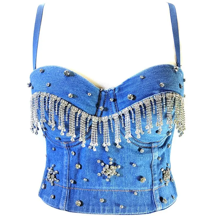 

Street trendy denim Tank Tops For Women gathered push up Bustier bra Diamond beaded vest Cropped top Female Sexy Camisole Y4260