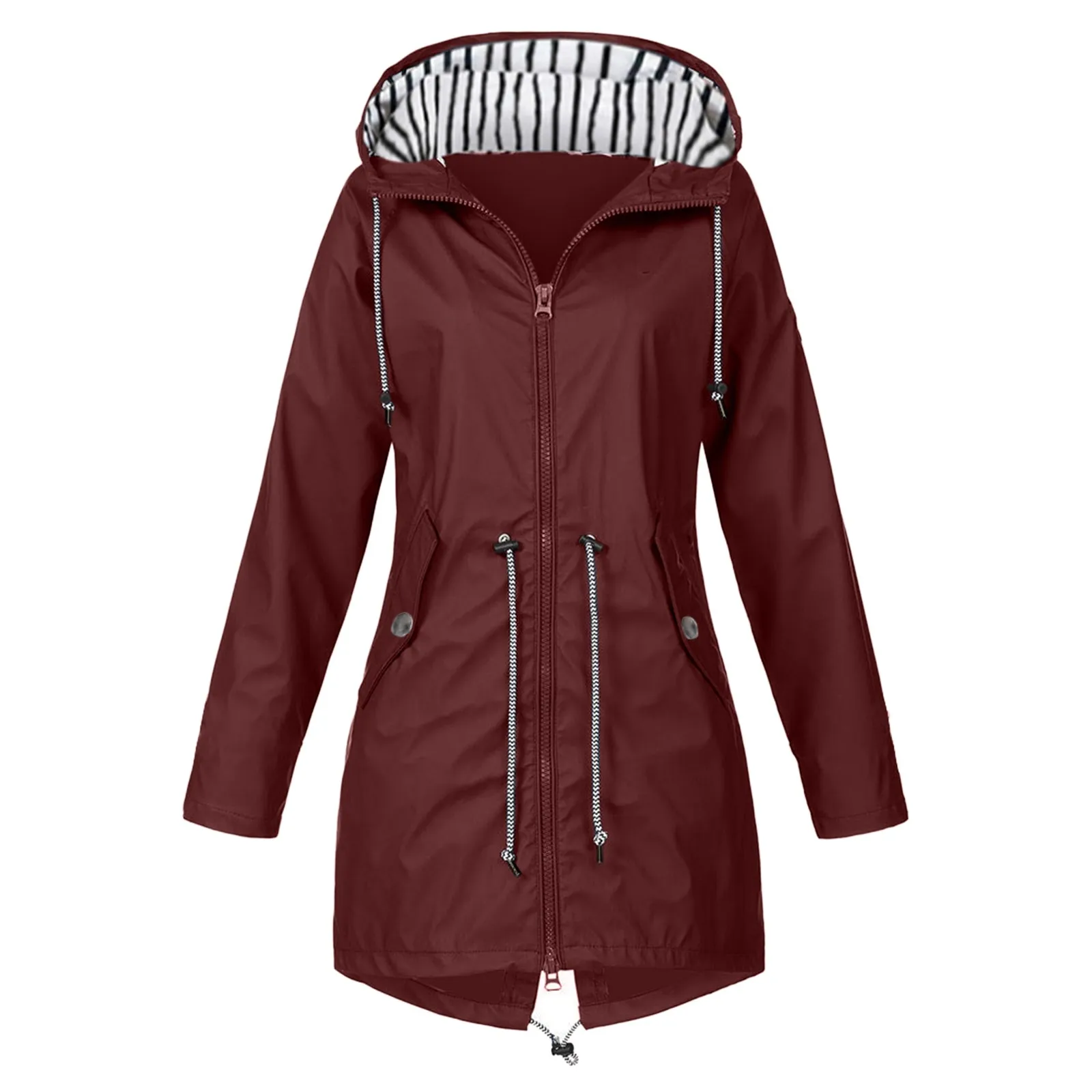 Women's Fashion Hooded Outdoors Zipper Windproof Trench Coats Casual Waterproof Drawstring Rain Jackets Mountaineeri Outwear