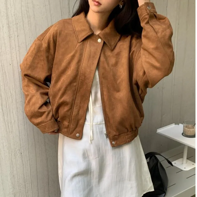 معطف نسائي أنيق من جلد الغزال لراكبي الدراجات النارية طويل Sve فضفاض مناسب للخريف والشتاء متعدد الاستخدامات ملابس خارجية للتخسيس معطف للسيدات