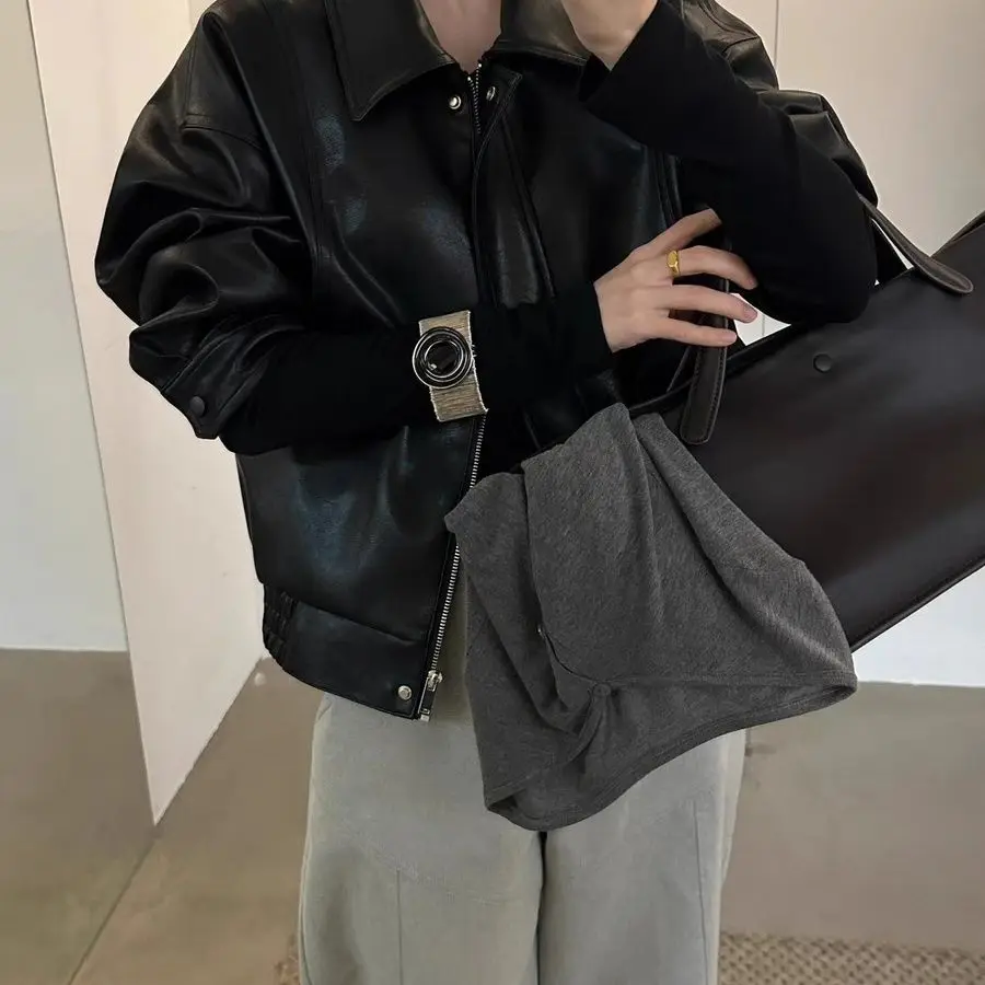 2025 Spring and Autumn New Women's Leather Jacket PU Commuter Loose Jacket