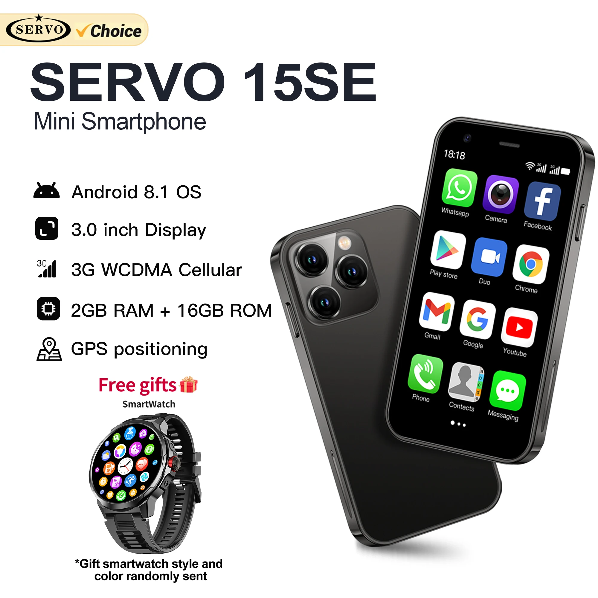 Free Smartwatch! SERVO 15SE Mini Smart Phone 3G WCDMA Android System 2GB+16GB WiFi Hotspot 3.0