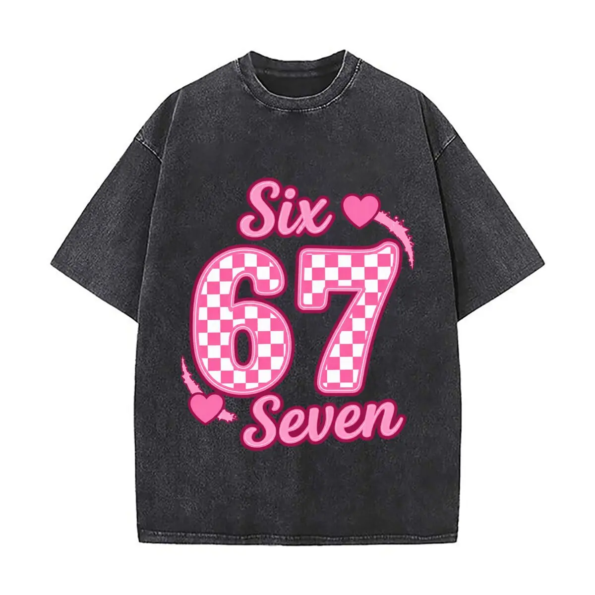 Six Seven 6 7 Pink Checkered Hearts Graphic Washed Vintage Short Sleeve Loose Streetwear Tee