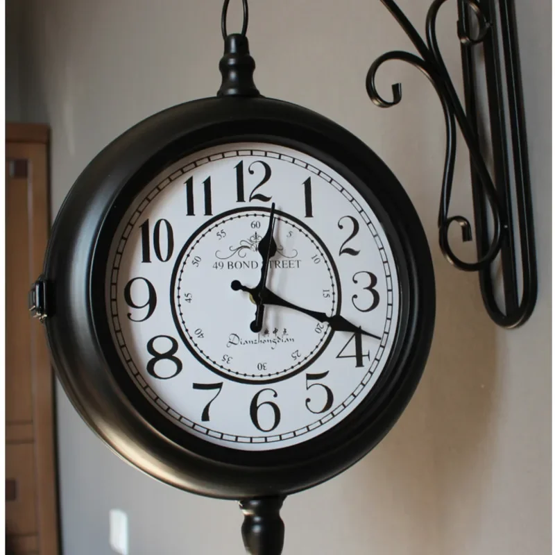 Retro Iron Double Sided Wall Clock, European Hanging Clock, Living Room Decoration, Clock Mechanism, Silent Movement, Wall Watch