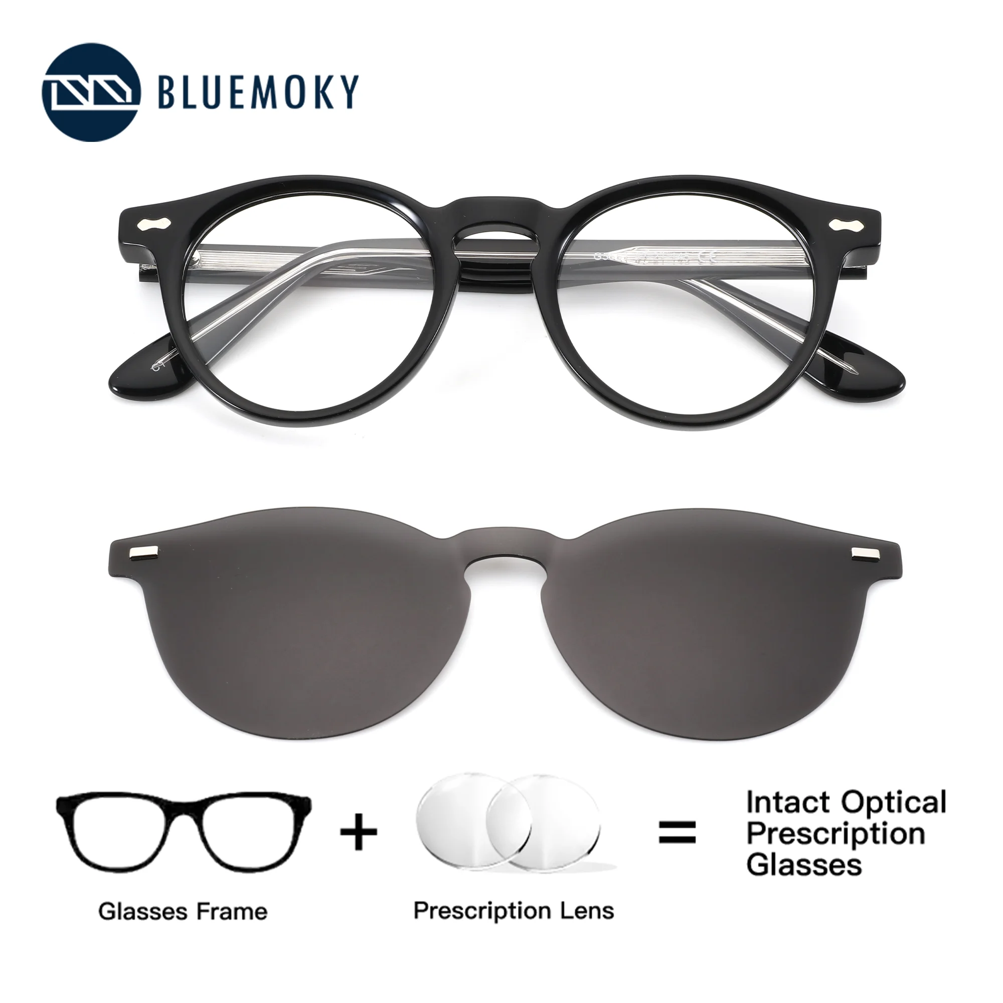 

BLUEMOKY Round Acetate Clip on Prescription Sunglasses Polarized UV400 Men Anti Blue Light Graduated Bifocal Reading Eyeglasses