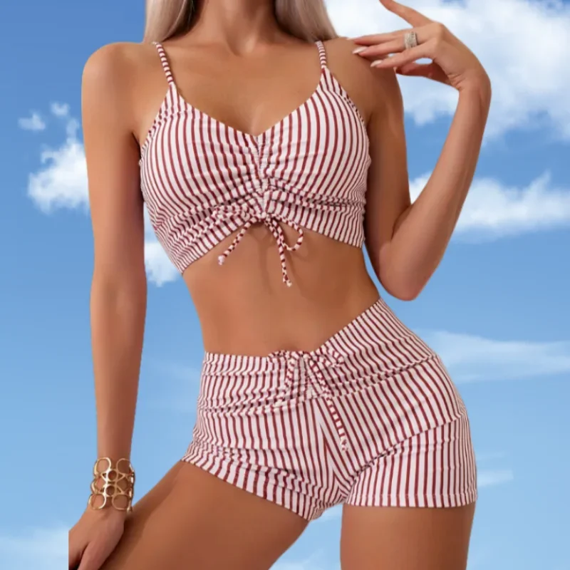 

Ремешок, брюки с плоским углом, комплект купальника для отпускного бассейна в полоску, одежда для загара