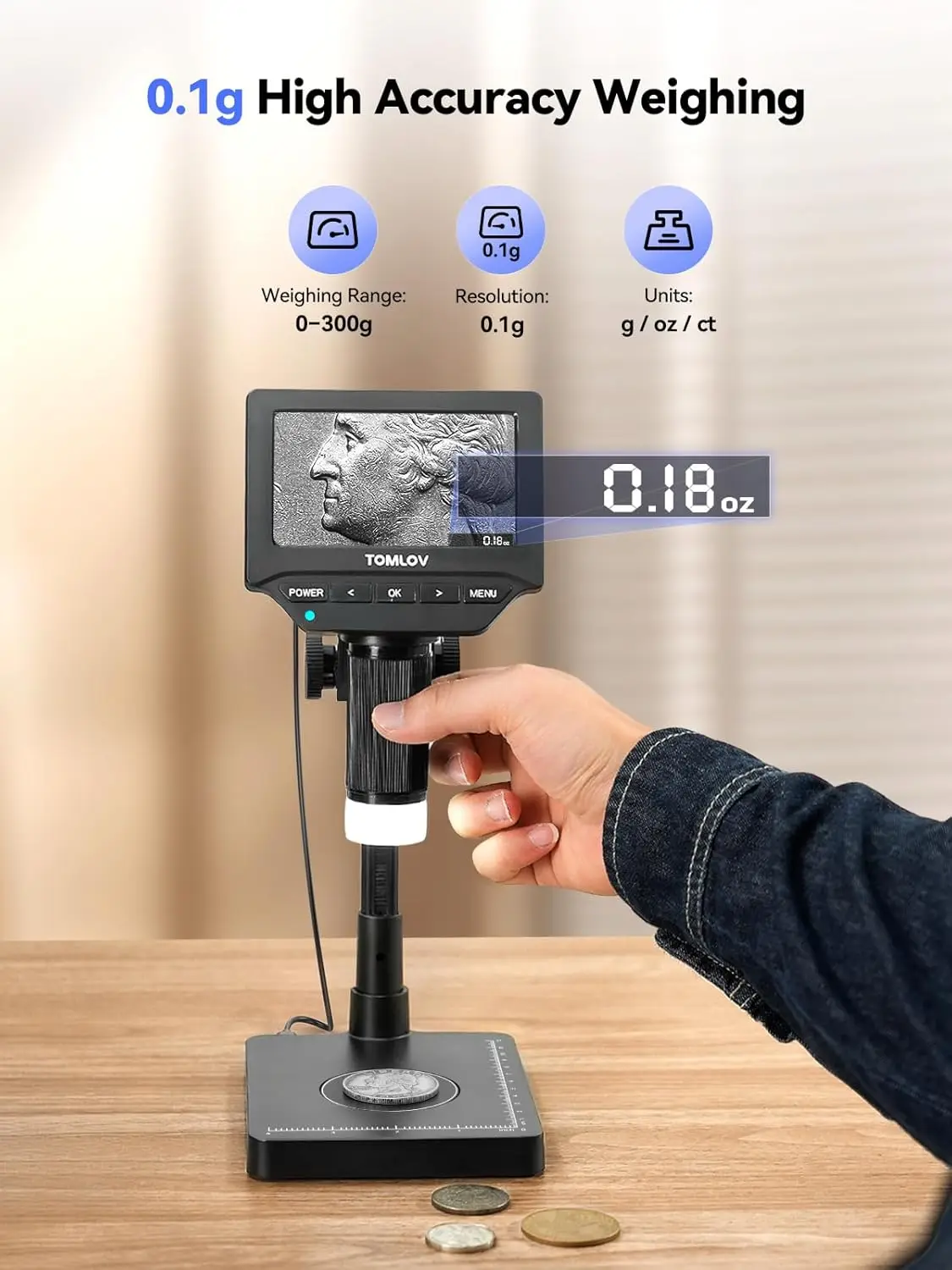 TOMLOV Digital Microscope DM4W Microscopio Electrónica Weighing Scale Error Coin Magnifier Lupa For Student/Jeweler Windows/Mac