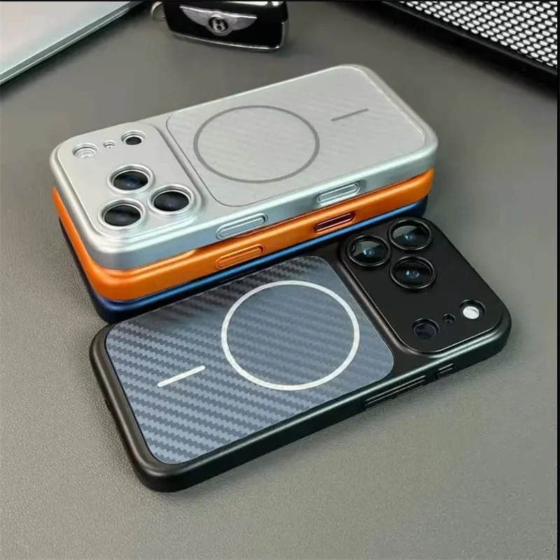 

For Magsafe Carbon Texture Magnetic PC Phone Case For iphone 13 14 15 16 17 Pro Max Large Window Lens Protection PC Hard Cover