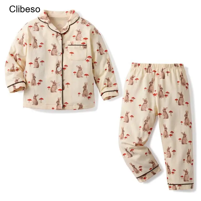 

2025 Presale Cute Rabbit Print Children Pajamas Long Sleeves Single Breasted Causal Boys Girls Sleepwear Set Kids Home Clothes