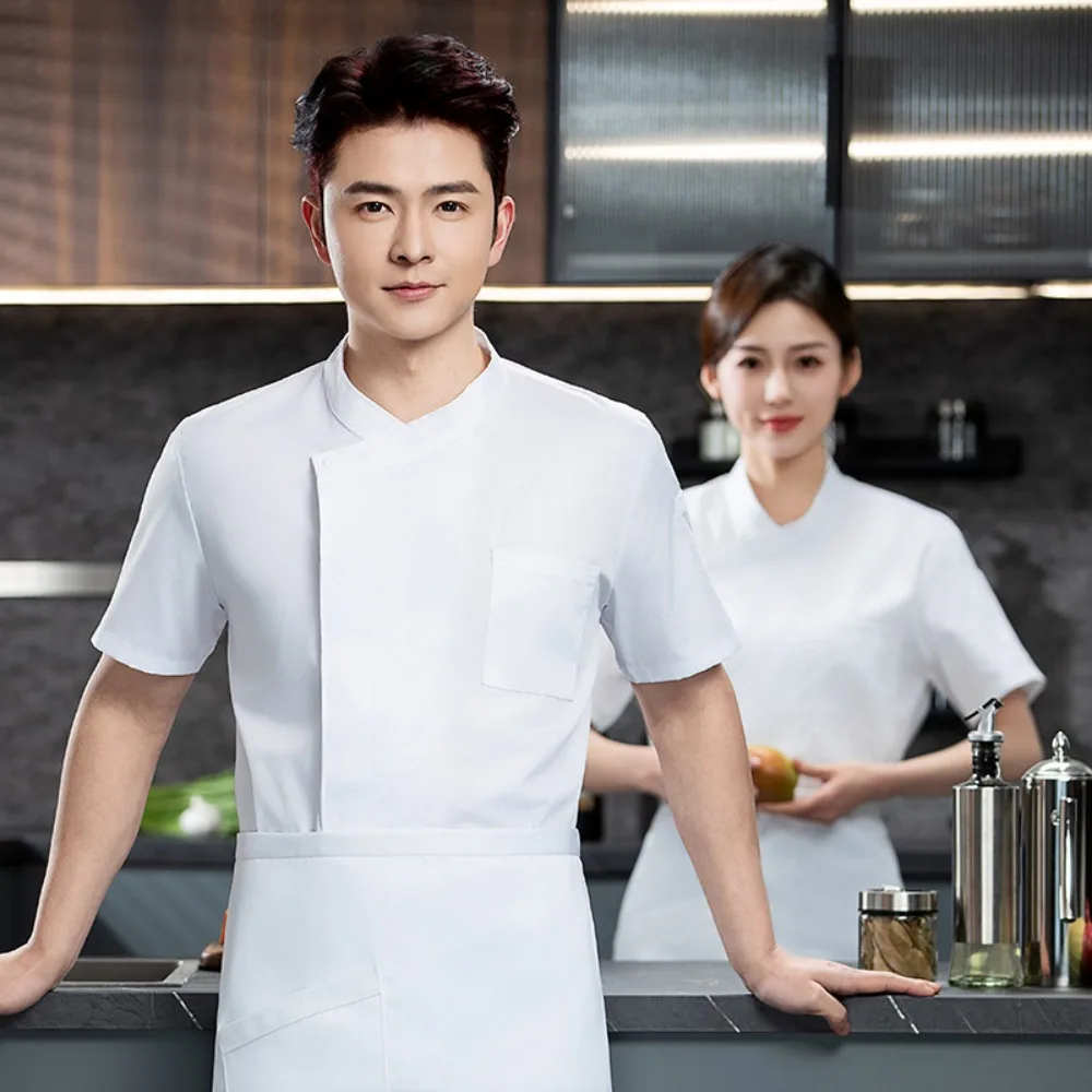 

Solid Color Summer Chef Suit Short Sleeve Breathable Large Size Catering Hotel Kitchen Labor Protection Work Clothes Men