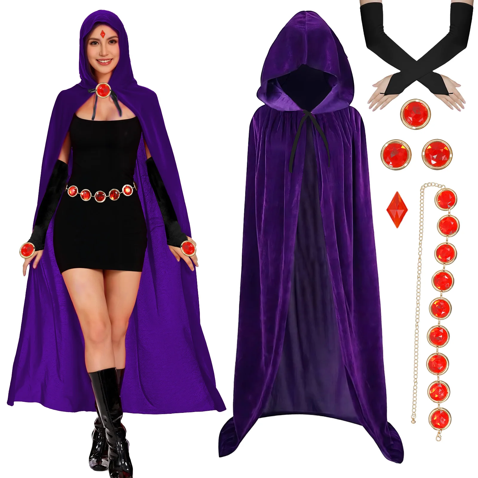 

5PCS Raven Hooded Purple Cloak Velvet Cape Anime Cosplay Costume Red Gem Belt Long Gloves Women Halloween Cosplay Fancy Dress