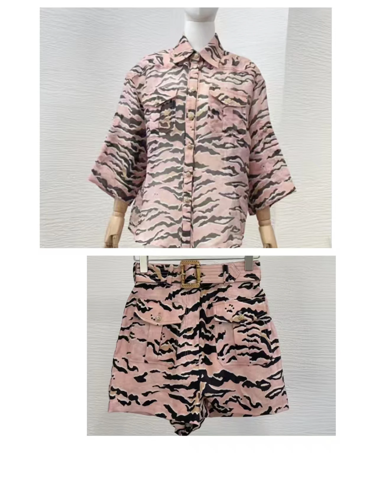 

Sets 2025 New Style Green Floral Print Short Sleeve Blouse and Belt Shorts High Quality