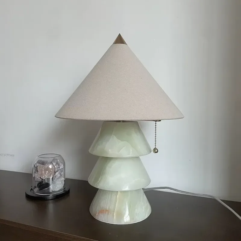 Nordic light luxury beige stone decorative atmosphere desk lamp with button switch, suitable for living room, bedroom,