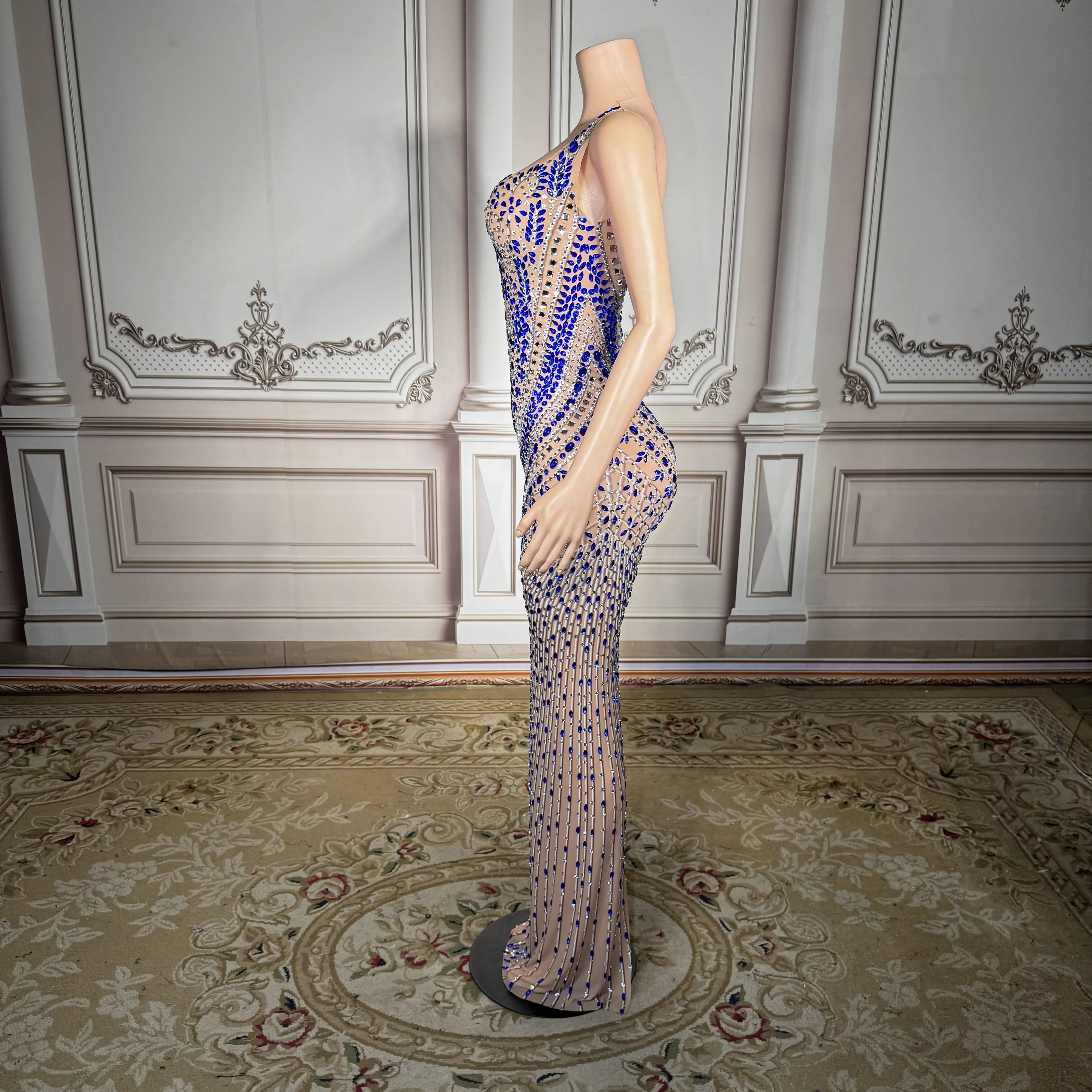 Zd strass pérola diamante incrustado em torno do pescoço sem mangas voltar split luxo elegante vestido longo noite clube bar desempenho vestido