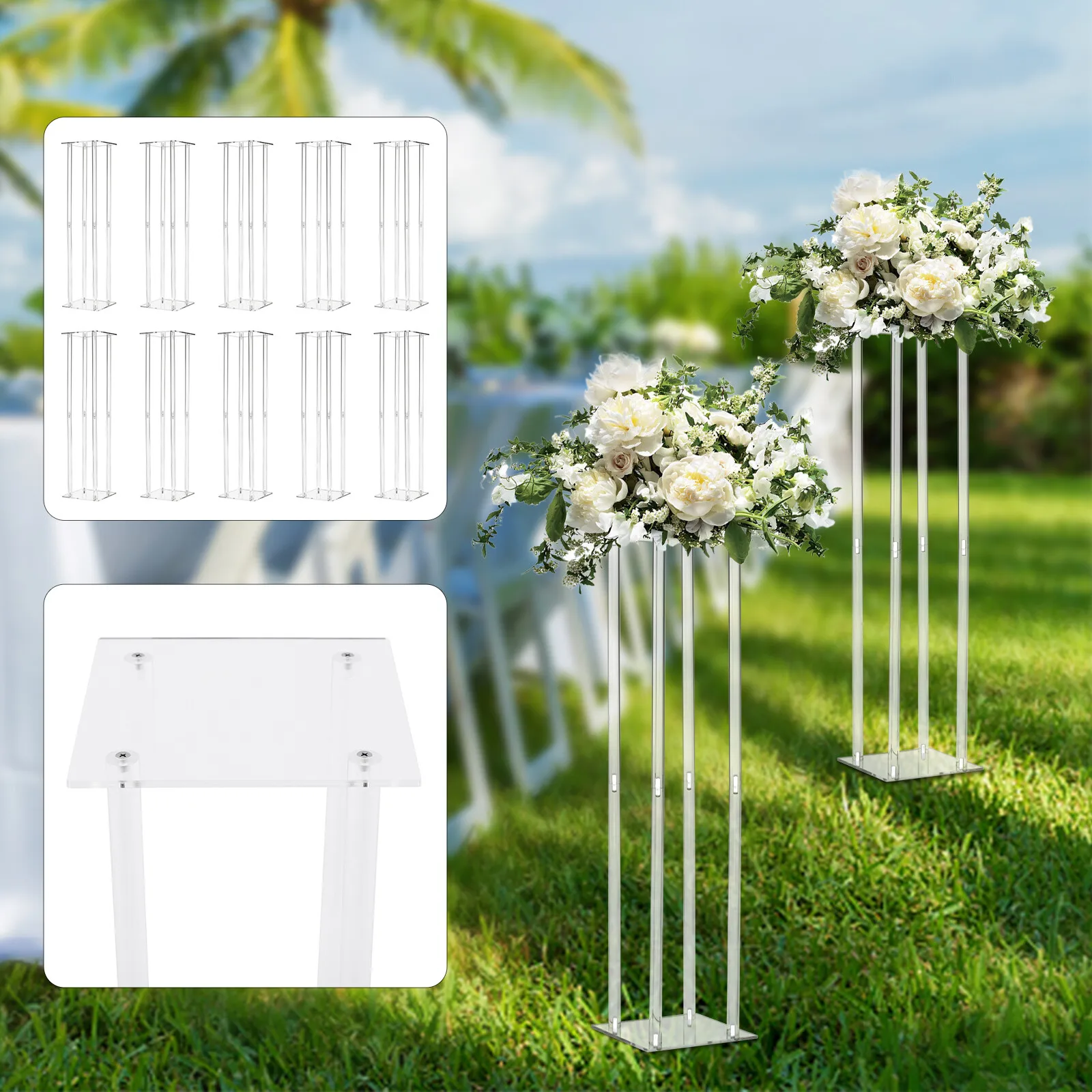 

10-Set Clear Acrylic Flower Stands Column Cube Design, Fully Transparent & Polished Surface For Weddings & Engagements