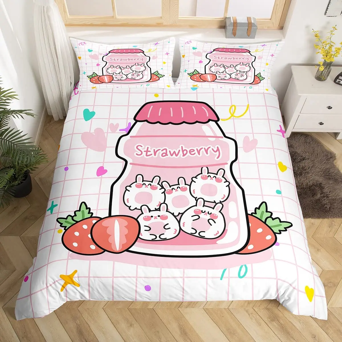 

Cartoon Rabbit Duvet Cover Sweet Strawberry Milk Bedding Set,Cute Animals Fruits Comforter Cover Lovely Pink Stars Quilt Cover