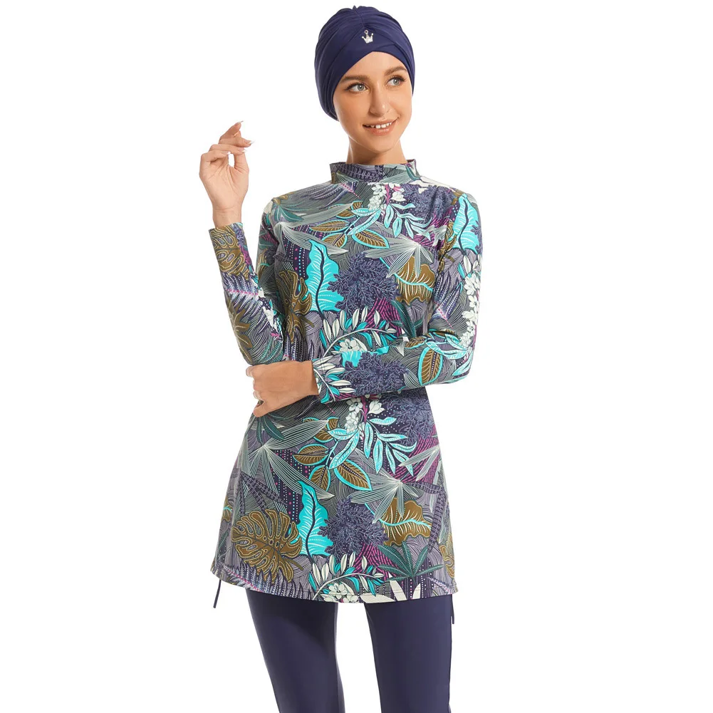 3 Pieces Vintage Tropical JunglePrint Long Sleeve Modest Burkini Swimsuit Loose Tunic Full Leggings Hijab Islamic Bathing Suit