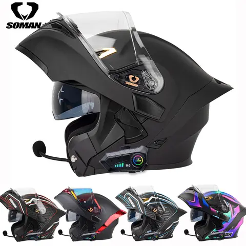 SOMAN 플립 업 오토바이 헬멧 풀 페이스 DOT 오토바이 헬멧 듀얼 바이저 렌즈 레이싱 카스코 Casque Moto 블루투스 헬멧