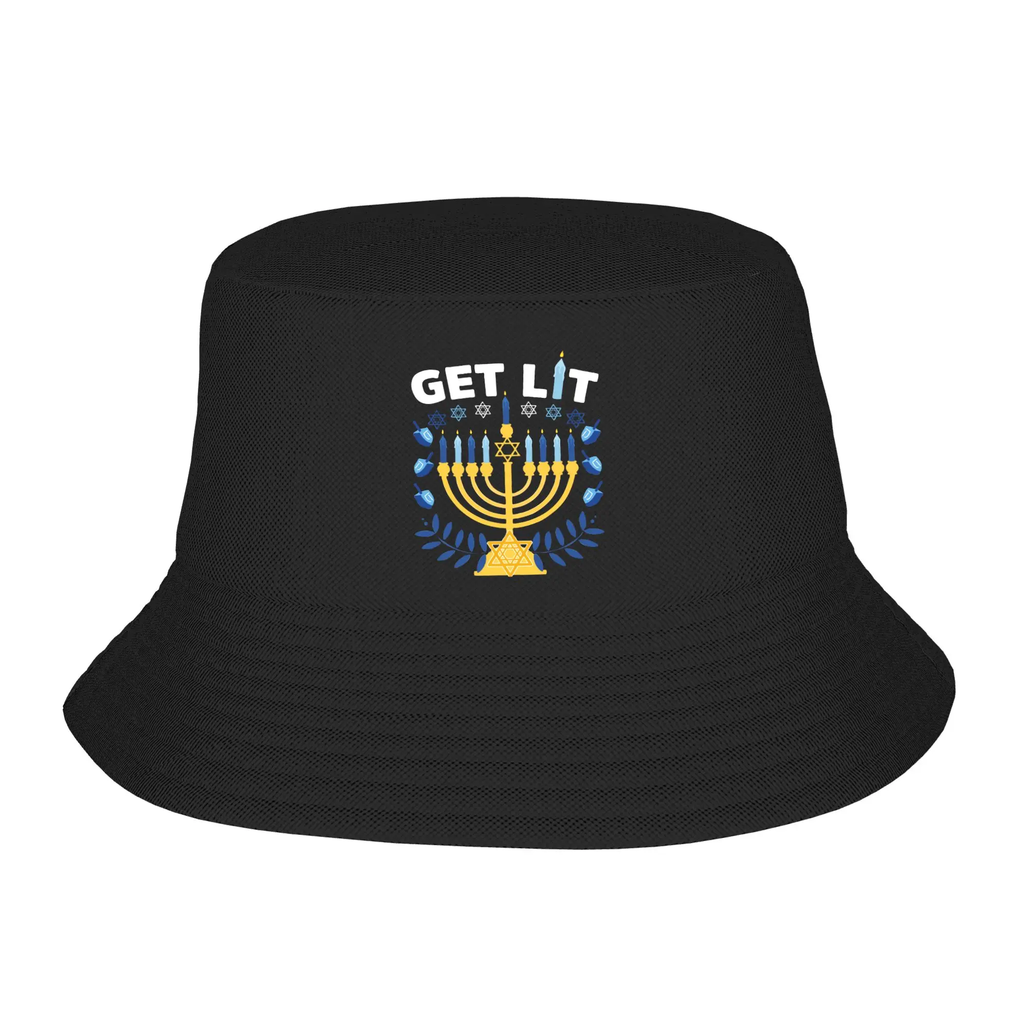 Trendy Get Lit Hanukkah Bucket Hat Unisex Packable  Fishing Hats Travel Headwear Panama Hat