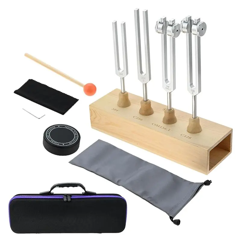 【Nouveau coupon pour les nouveaux utilisateurs!】 Diapasons professionnels 4 pièces pour le yoga et la méditation - 128Hz, OM136.1Hz, 256Hz, 384Hz avec boîte à son et actuateur