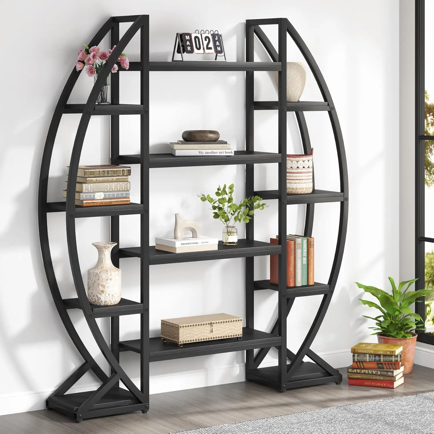 Ovales Bücherregal, dreifach breite 5-stufige Etagere-Bücherregale, industrielle Verkaufs regale für Wohnzimmer (55 "", schwarz)