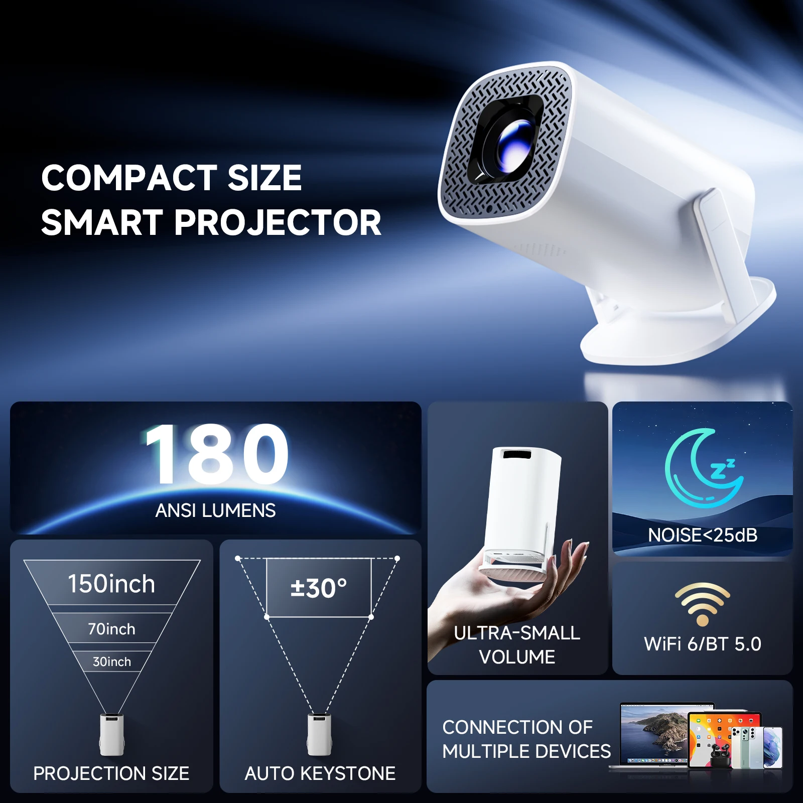 TOPSION P30PLUS أجهزة عرض صغيرة ذكية 4K 1280 * 720P مع 500 + قناة مجانية حية تدعم WiFi6 جهاز عرض محمول للمسرح المنزلي