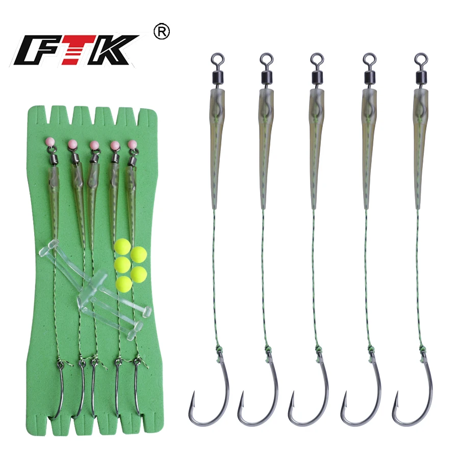 FTK 5pcs European style carp fishing group Ready Tied Carp Rigs with Boilie Pop Up Hooklink Hair Rigs With Line Barbed Hook