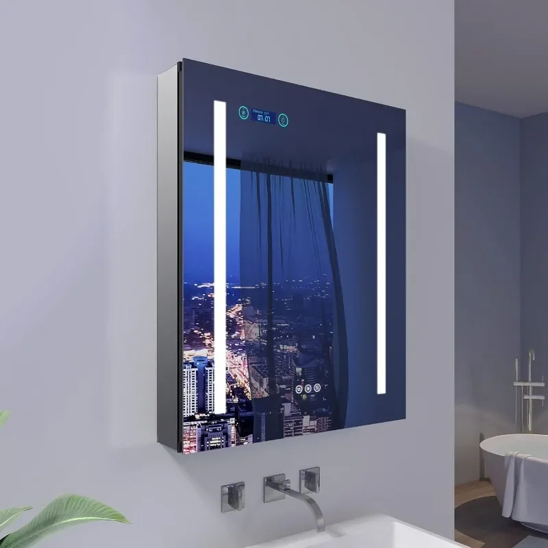 

Recessed or surface-lit mirrored medicine cabinet with light, clock room temperature display, defog