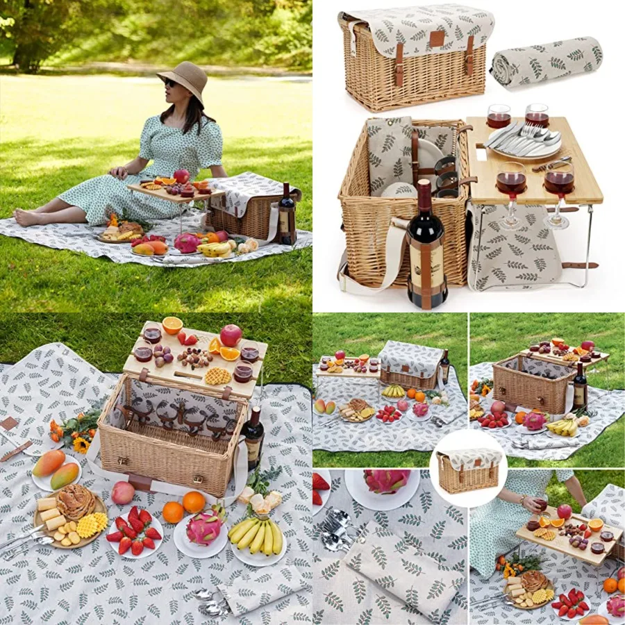 

Picnic Basket with Table, Wine Picnic Basket Set 4, Wicker Picnic Basket for 4, Wiow Haper Service Gift Set with Banket and Por