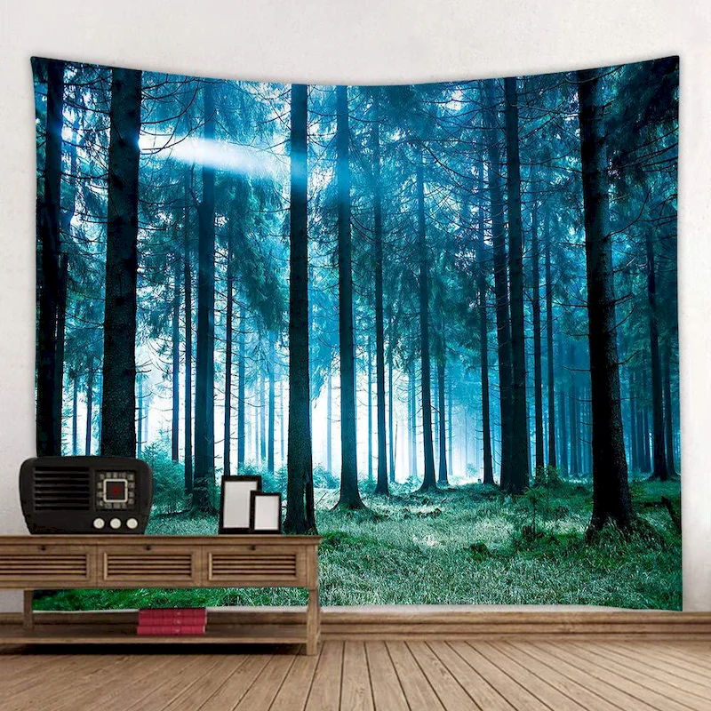 VIKAMA Deep Mist Forest Tapestry Blue Light Pine Forest Wall Hanging Background Cloth Bedroom Living Room Home Wall Decoration