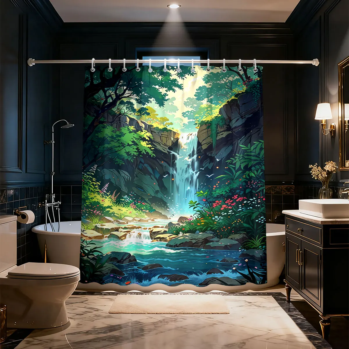 1pc Waterfall Landscape Print Shower Curtain Multi Size Partition Privacy Hanging Curtain With 12 Hooks Home Bathroom Decoration